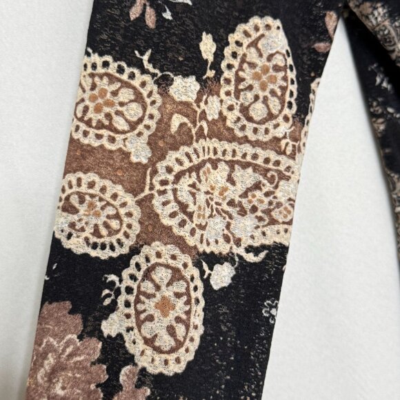 Vintage Karen Kane Opaque Black Brown Paisley Long Sleeve Round Hem Top Medium - Picture 5 of 11